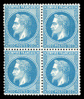 ** N°29B, 20c Bleu Type II En Bloc De Quatre Bon Centrage, Frais. TTB (certificat)   Qualité: ** - 1863-1870 Napoleone III Con Gli Allori