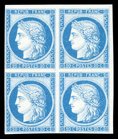 ** N°37f, 20c Bleu IMPRESSION DE GRANET Non Dentelé En Bloc De Quatre Petit Coin De Feuille (2ex*), SUPERBE (certificat) - 1870 Siege Of Paris