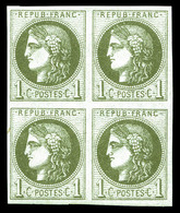 ** N°39C, 1c Olive Report 3, Bloc De Quatre Fraîcheur Postale. SUP (certificat)   Qualité: ** - 1870 Bordeaux Printing