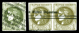 O N°39C, 1c Olive Report 3 Obl Typo Des Journaux: 1ex + Paire Horizontale. B   Qualité: O   Cote: 825 Euros - 1870 Bordeaux Printing