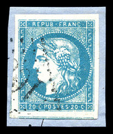 O N°44A, 20c Bleu Type I Report 1, Grandes Marges Avec 3 Voisins Sur Son Support. SUP (certificat)   Qualité: O - 1870 Bordeaux Printing