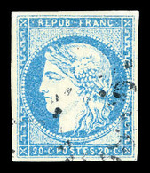 O N°44A, 20c Bleu Type I Report 1 Ob Légère, TTB (signé Brun/certificat)   Qualité: O   Cote: 800 Euros - 1870 Emissione Di Bordeaux