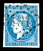 O N°44A, 20c Bleu Type I Rep 1. TB (signé Calves/certificat)   Qualité: O   Cote: 800 Euros - 1870 Emission De Bordeaux