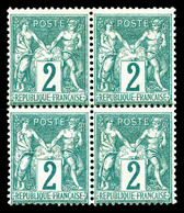 ** N°62, 2c Vert Type I, Bloc De Quatre (2ex*), Fraîcheur Postale. SUPERBE. R.R (certificat)   Qualité: ** - 1876-1878 Sage (Type I)