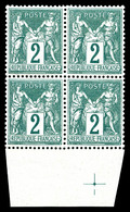 ** N°74, 2c Vert Type II En Bloc De Quatre Bdf Avec Croix De Repère, Fraîcheur Postale, Très Bon Centrage. SUP (certific - 1876-1878 Sage (Type I)