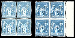 ** N°90, 15c, 2 Blocs De Quatre: Bleu Et Bleu Foncé. TB   Qualité: ** - 1876-1878 Sage (Type I)