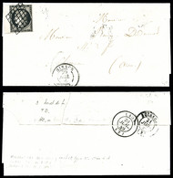 O N°3h, 20c Noir Intense, Joli Petit Bord De Feuille Obl Grille Sur Lettre D'Hirson (2), SUP (certificat)   Qualité: O - 1849-1876: Classic Period