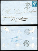 O N°14A, 20c Bleu Type I Obl Grille + Càd De Bayonne Du 24 Fev 60 Sur Lettre Pour Bordeaux. TB   Qualité: O - 1849-1876: Periodo Classico
