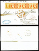 O Empire, 40c Orange En Bande De 5 + 10c Bistre (N°16 Et 13) Obl PC Rouge '1495' Sur Lettre Pour Valparaiso, Via Panama. - 1849-1876: Classic Period