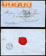 O N°16, 40c Empire, Superbe Bande De Cinq Sur Lettre De Paris 21.08.1856 Pour Londres, Rare 5ème échelon De Poids. SUP ( - 1849-1876: Periodo Classico