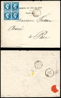 O N°22, 20c Bleu En Bloc De Quatre Sur Lettre De Bordeaux. TB (signé Calves)   Qualité: O - 1849-1876: Période Classique