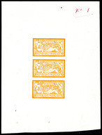(*) N°119, Merson 40c: épreuve En Orange Et Bleu Sur Feuillet En Bande De 3, N°1 Inscrit En Marge à La Plume. R.R. SUPER - 1900-02 Mouchon