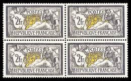 ** N°122, Merson, 2F Violet Foncé Et Jaune En Bloc De Quatre Très Bon Centrage, R.R.R. SUPERBE (signé Calves/certificat) - 1900-02 Mouchon