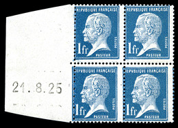 * N°179, Pasteur, 1F Bleu En Bloc De Quatre Avec DATE A GAUCHE Du 21/8/1925, RARE Et SUPERBE (certificat)   Qualité: * - 1900-02 Mouchon