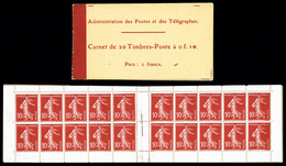 ** N°138C2, Semeuse Camée, 10c Rouge Chiffres Gras, Couverture Postale 1910: Carnet De 20 Timbres PAPIER X (gomme Striée - Other & Unclassified