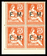 (*) N°2, Mouchon, 15c Vermillon TIRAGE SUR BRISTOL DENTELURE FIGUREE En Bloc De Quatre Coin De Feuille, RARE Et SUPERBE  - Military Postage Stamps