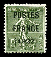 (*) N°37, 15c Olive Surchargé 'POSTE FRANCE 1922', TTB (signé Scheller/certificat)   Qualité: (*)   Cote: 700 Euros - 1893-1947