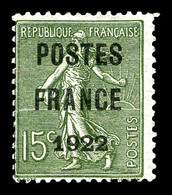 (*) N°37, 15c Olive Surchargé 'POSTE FRANCE 1922', TTB (signé Scheller/certificat)   Qualité: (*)   Cote: 700 Euros - 1893-1947