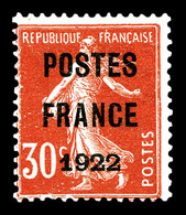 (*) N°38, 30c Semeuse Surchargé 'POSTE FRANCE 1922'. TTB (signé/certificat)   Qualité: (*)   Cote: 950 Euros - 1893-1947