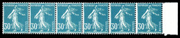 ** N°18, 30c Semeuse Bleu, Bande De 6 Exemplaires Horizontale. SUP. R.R. (certificat)   Qualité: **   Cote: 2600 Euros - Coil Stamps