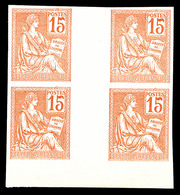 (*) N°117c, Mouchon, 15c Orange NON DENTELE En Bloc De Quatre Interpanneau, Superbe (signé Calves/certificat)   Qualité: - Unused Stamps