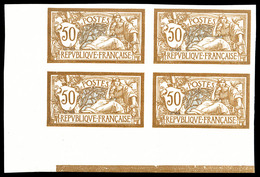 ** N°120a, Merson, 50c Brun Et Gris NON DENTELE En Bloc De Quatre (2ex*) Coin De Feuille Avec Liseret, SUPERBE (certific - Unused Stamps