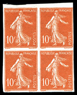 (*) N°135, Semeuse 10c Rouge Sur Papier Pelure Non Dentelé En Bloc De 4, TB (certificat)   Qualité: (*) - Unused Stamps