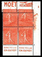 ** N°199, 50c Semeuse, Piquage Décalé Sur 2 Exemplaires Tenant à Normaux + Impression Maculée En Bd4 Provenant De Carnet - Unused Stamps