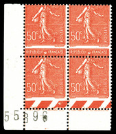 ** N°199, 50c Semeuse, Piquage à Cheval En Bloc De Quatre Cdf Numéroté. TTB   Qualité: ** - Unused Stamps