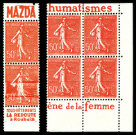 ** N°199, 50c Semeuse Avec Bande Pub, Impression Défectueuse Sur Paire + Bd4. TB   Qualité: ** - Unused Stamps