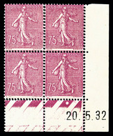 * N°202a, 75c Lilasrose Type II En Bloc De Quatre Coin De Feuille Daté Du 20/5/32, RARE (certificat)    Qualité: *   Cot - Unused Stamps