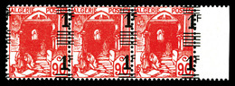 * ALGERIE, N°158b, 1f Sur 90c Rouge, Double Surcharge Sur Bande De 3 (1ex**) Bdf. TTB (signé Scheller/certificat)   Qual - Unused Stamps