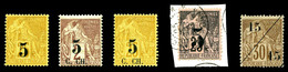 (*) COCHINCHINE, N°1/5, Surchargés De 1886, N° 1,2 Et 5 Nsg, N°4 Oblitéré Sur Son Support. TB   Qualité: (*)   Cote: 415 - Used Stamps