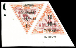 ** COTE DES SOMALIS, N°33, 10c Sur 10f Orange Et Lilas, Paire Cdf Avec Double Surcharge Dont Un Ex 'DJIBOUTI' Renversé.  - Used Stamps