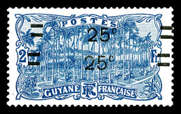 ** GUYANE, N°98a, 25c Sur 2f Bleu, Double Surcharge. SUP (signé Calves)   Qualité: **   Cote: 234 Euros - Oblitérés