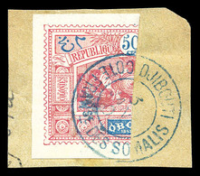 O OBOCK, N°57aA, Coupé Du 50c Rose Et Bleu Sur Son Support. SUP. R.R. (certificat)   Qualité: O   Cote: 1700 Euros - Used Stamps