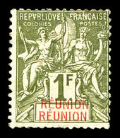 * REUNION, N°44a, 1f Olive, Double REUNION. B/TB (signé)   Qualité: *   Cote: 520 Euros - Unused Stamps