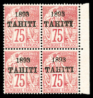 ** TAHITI, N°29, 75c Rose En Bloc De Quatre, Fraîcheur Postale. SUP (certificat)   Qualité: **   Cote: 600 Euros - Used Stamps