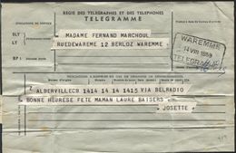 Télégramme Obl. Télégraphique WAREMME/TELEGRAPHE 1959 Déposé à Albertville Congo Belge Via Belradio (959) - Telegramas