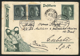 44 GERMANY: Postal Card Illustrated With Nazi Motifs, Uprated, Sent From Magdeburg To Cubatao (Brazil) On 1/OC/1938, VF  - Otros & Sin Clasificación