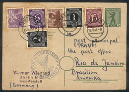 76 GERMANY - BERLIN: Card Sent To Rio De Janeiro On 10/MAY/1946 With Very Handsome Multicolor Postage, Minor Defects, Be - Cartas & Documentos
