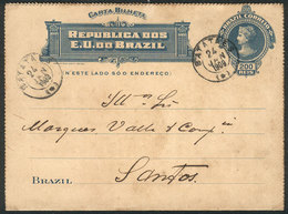 154 BRAZIL: RHM.CB-80, Lettercard Sent From BATATAES To Santos On 24/JA/1909, VF Quality, Catalog Value 220Rs. - Interi Postali
