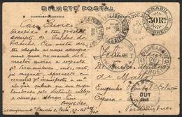 236 BRAZIL: 30Rs. Postal Card Dated "Rancho De Pacha, 23/SEP/1908", Sent To TAPERA (Pernambuco) With Many Cancels, Some  - Altri & Non Classificati