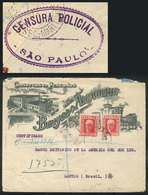 381 BRAZIL: Cover Sent From Spain To Santos In SE/1932, On Back It Bears An Interesting Violet Oval Mark: CENSURA POLICI - Otros & Sin Clasificación