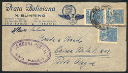 439 BRAZIL: Airmail Cover Sent From Sao Paulo To Porto Alegre On 12/NO/1937, With Very Nice Violet CENSOR Mark, VF Quali - Sonstige & Ohne Zuordnung