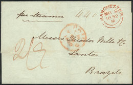 987 GREAT BRITAIN: 8/MAR/1852 Manchester - Santos (Brazil): Folded Cover With Red Datestamp Of Manchester, Another One I - Officials