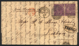 990 GREAT BRITAIN: Entire Letter Sent From Birmingham To Lisboa On 8/SE/1869, Franked With Pair Sc.5a (plate 8), VF Qual - Servizio