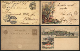 1027 HUNGARY: 2 Old 2f. Postal Cards Illustrated On Back: Coronation Of King Franz Joseph (used In 1899) And View Of Bud - Autres & Non Classés