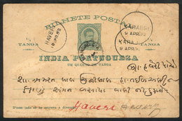 1039 PORTUGUESE INDIA: 1/4t. Postal Card Sent From Margro To Haveri On 7/AP/1892, Interesting Cancels, VF! - Portugiesisch-Indien