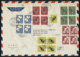 1198 SWITZERLAND: Cover Sent From Basel To Brazil On 20/FE/1957, Franked With BLOCKS OF 4 Of The Set Zu.163/7 (insects A - Other & Unclassified